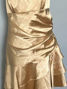 Cinderella Design Gold Satin Midi Dress with Ruffle Tiers Prom
